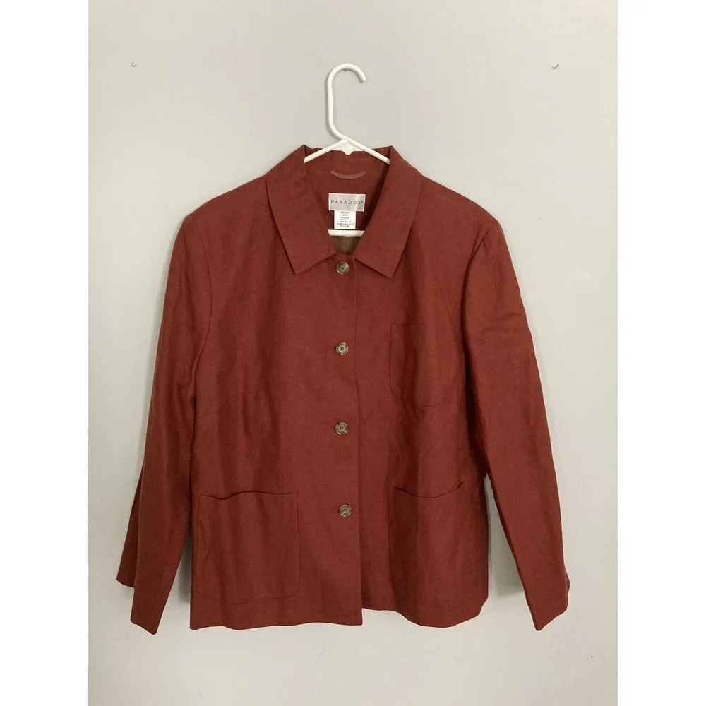 Paradox Jacket Women 20W Brown 100% Linen Button Front Patch Pocket Lined Casual - Picture 3 of 12